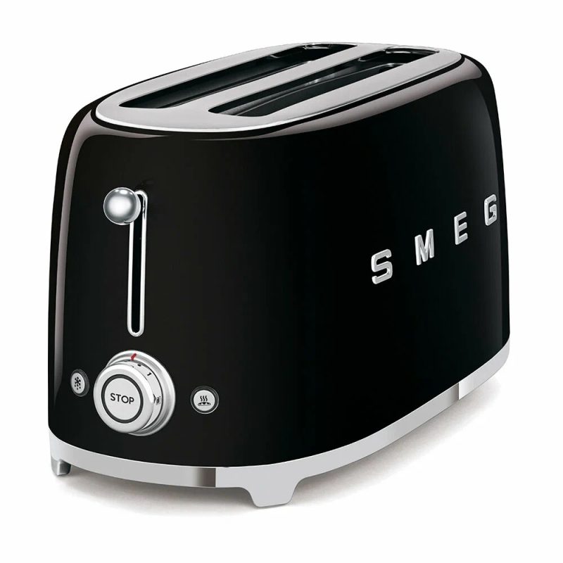 Тостер Smeg TSF02BLEU черный, стиль 50-х г. г, 4 ломтика, корпус из нержавеющей стали, 6 уровней поджаривания